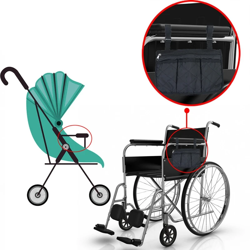 Wheelchair Armrest Storage Bag, Side Bags To Hang On Side With Waterproof Black Walker Storage Pouches For Baby Cart