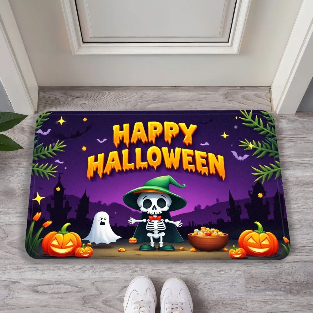 VIKAMA Cartoon & Typographic Flannel Door Mat, Non-Slip Washable, Decor for Entryway Front Door Living Room Bathroom Hallway