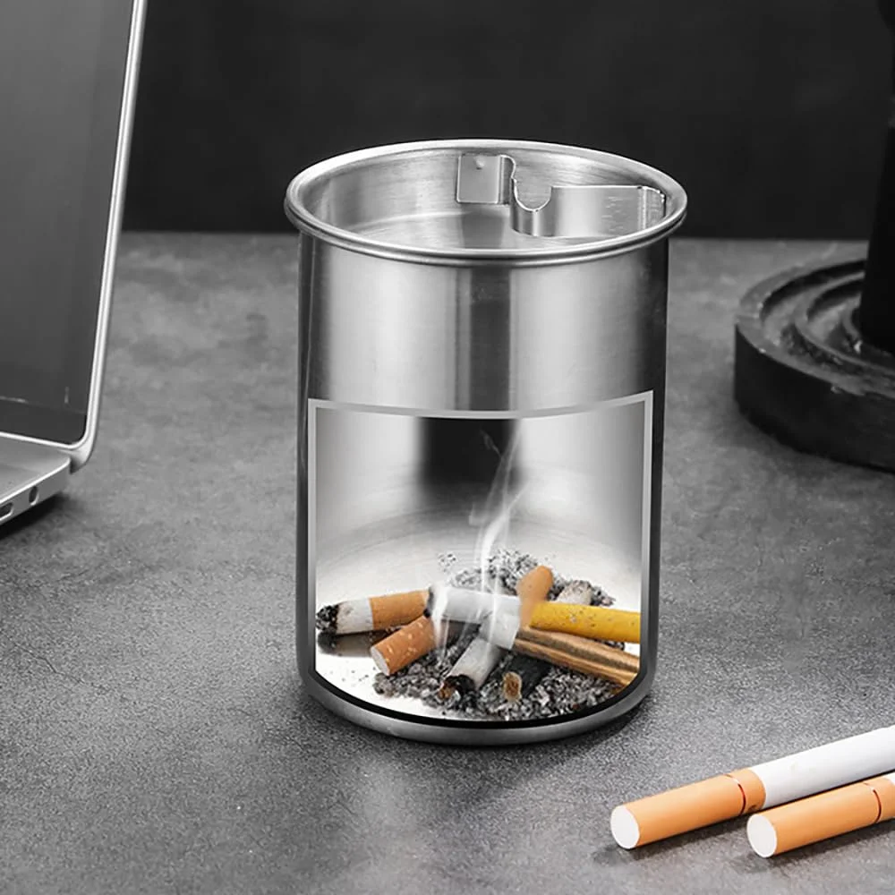 Ashtray Stainless Steel Ashtray With Lid Round Windproof Stainless Steel Smokeless Cigar Ashtray Patio Indoor 1PC