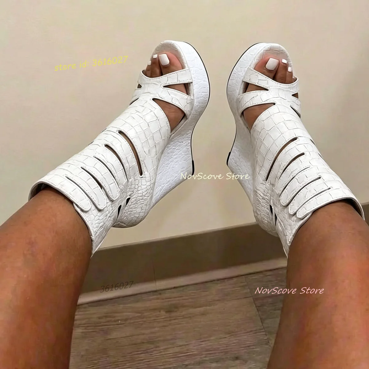 White Peep Toe Snake Pattern Leather Sandals Wedges Cutouts Sexy Women Summer Gladiator Platform Single Shoes Rubber Sole