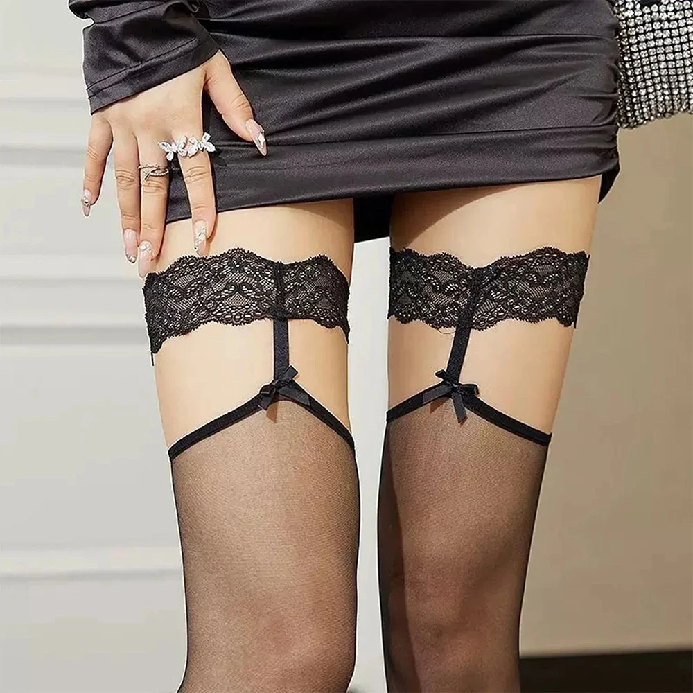 Weiße Strapsstrümpfe für Mädchen mit Spitzenbesatz, Kniestrümpfe, schwarze Strümpfe mit Schleife, oberschenkelhohe Strümpfe, Spitzen-Mesh-Netzstrümpfe – Detail 4