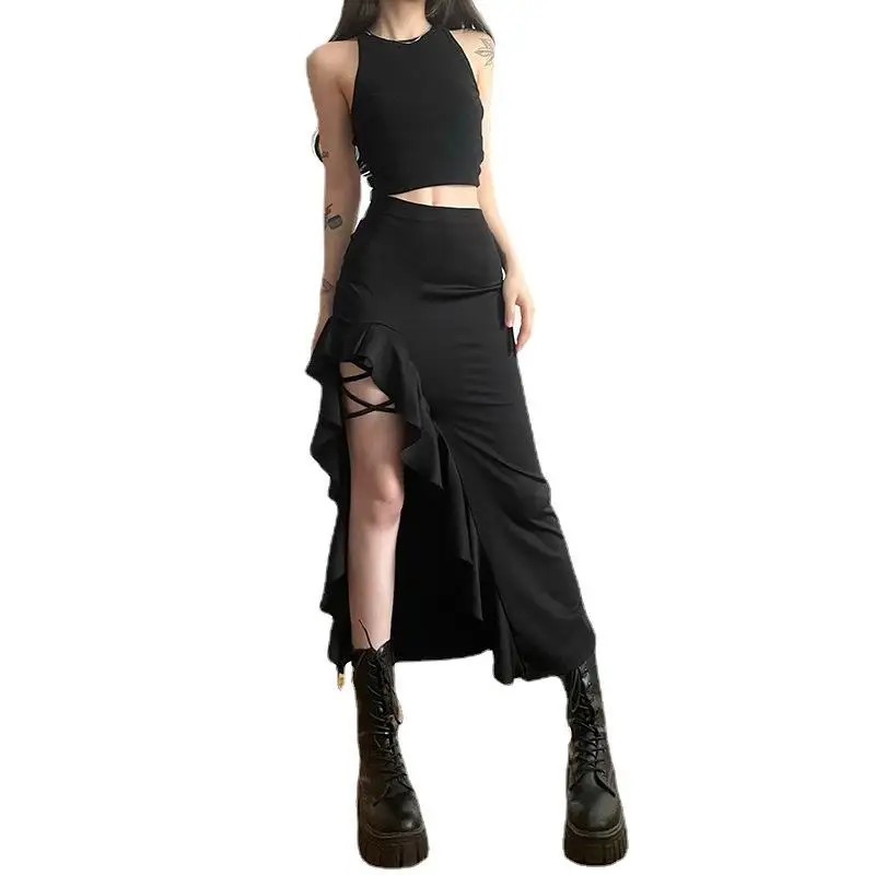 Faionable Sexy Summer 2024 Women's Skirt Waist-Cinching Wrap-Tightening Asymmetrical Hemline Belted Split Midi-Length Skirt