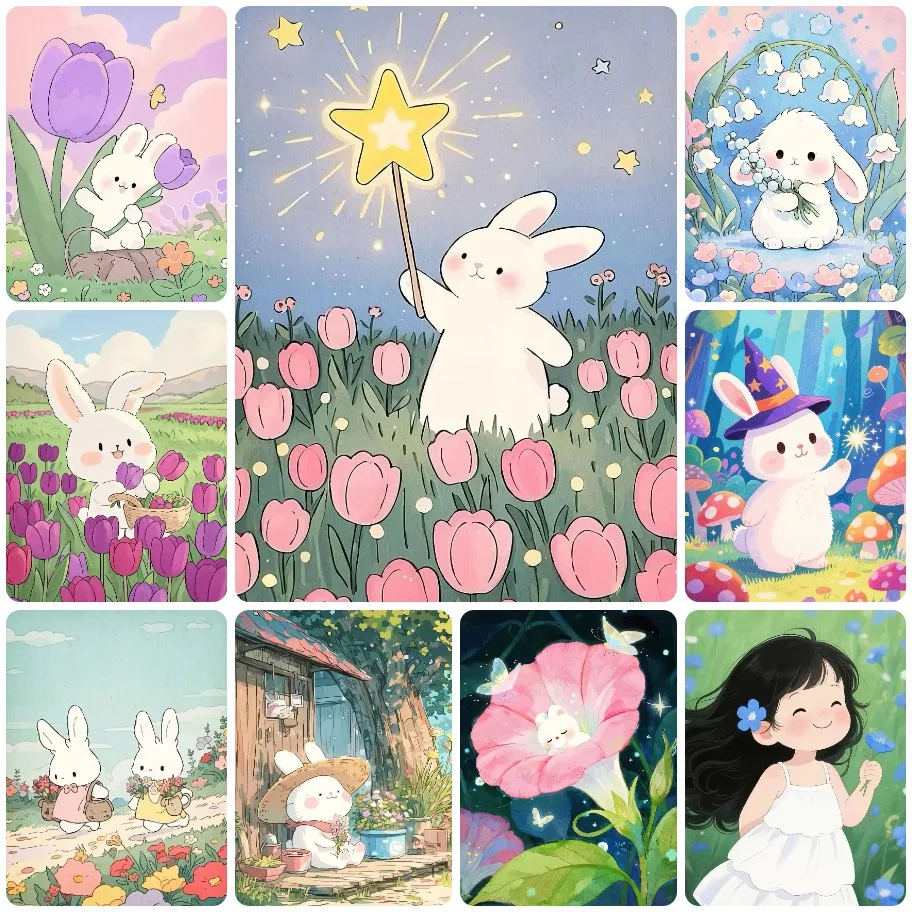 5D DIY Cute Spring Bunny Diamond Painting, Kawaii Rabbit in Tulip and Flower Garden Scenes, Perfect for Home Decor and Gifting