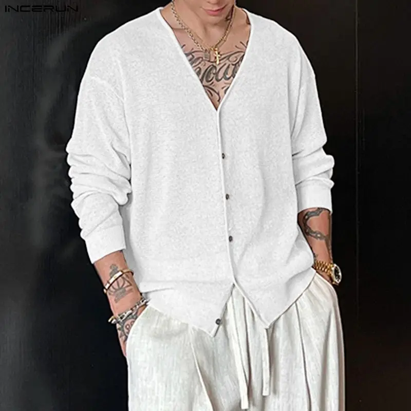 

INCERUN мужской кардиган однотонный вязаный мужской свитер с v-образным вырезом и длинными рукавами уличная одежда свободный корейский стиль модная повседневная мужская одежда