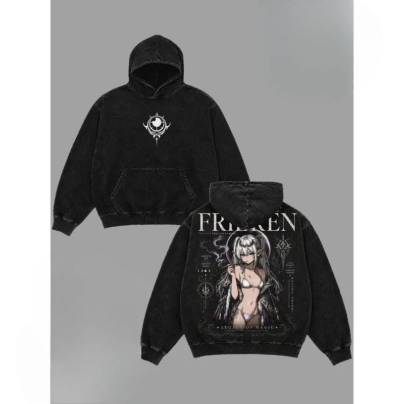 Anime Frieren Beyond Journey's End Vintage Stone Washed Hoodie Unisex Front Back Print Graphic Hooded Harajuku Streetwear Casual