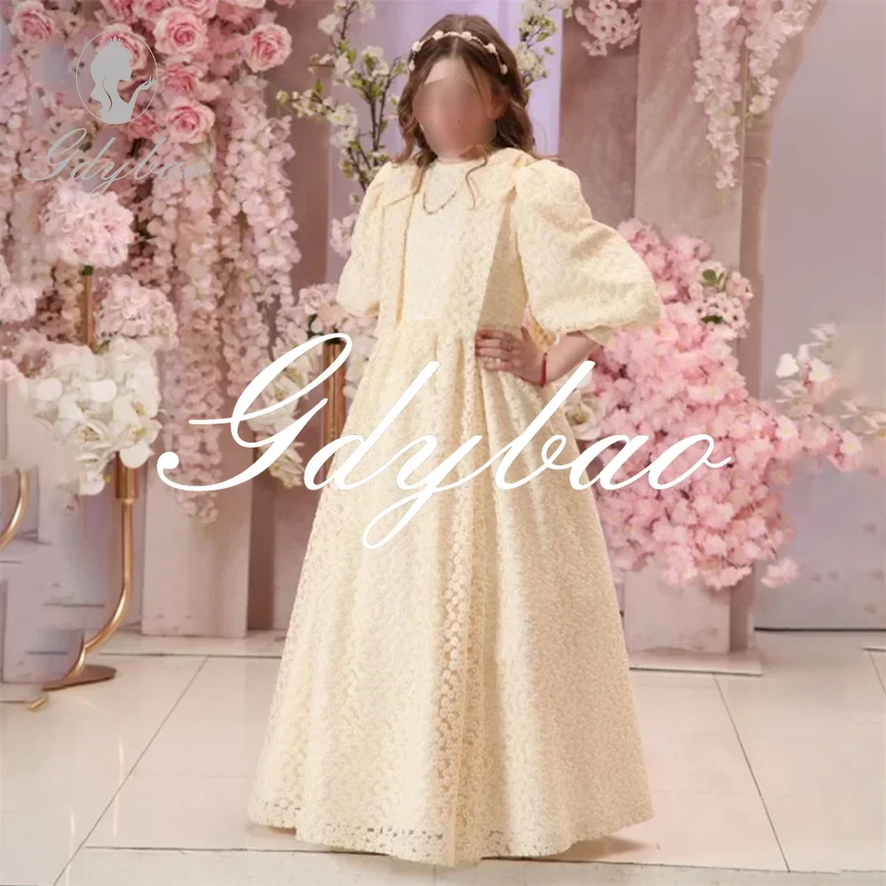 Elegant O Neck Puff Sleeve Applique A Line Pleat Flower Girl Dress Floor Length Classic Formal First Communion Gown Customized