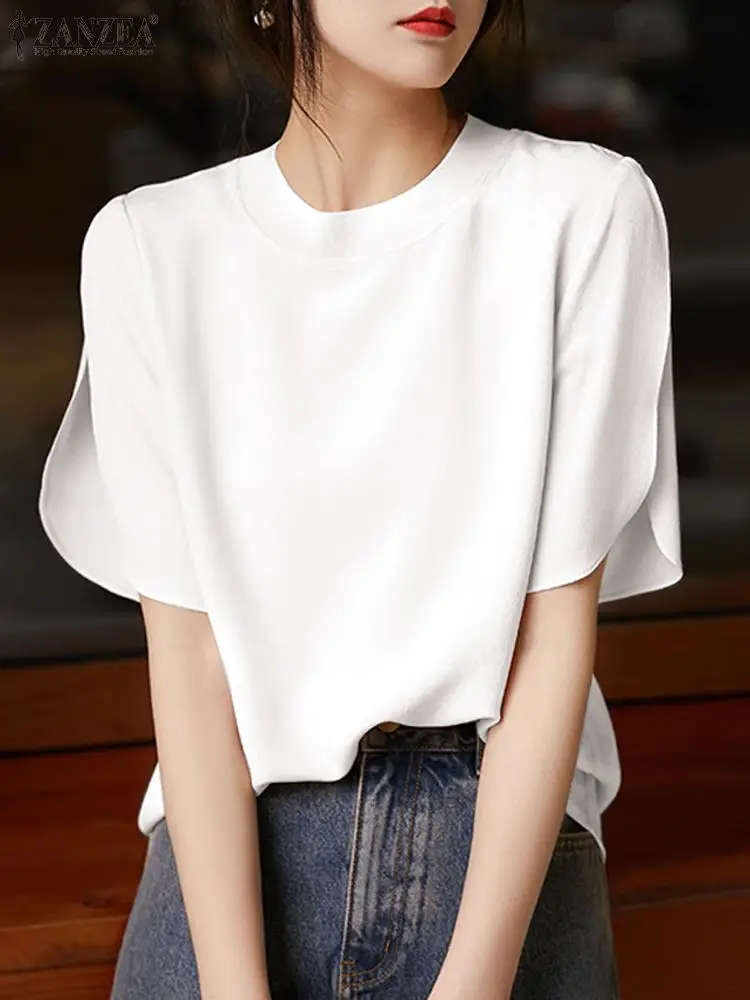 ZANZEA Summer Elegant OL Work Blouse Women O Neck Half Sleeve Shirt Casual Solid Loose Party Blusas Fashion Woman Tops Tunic