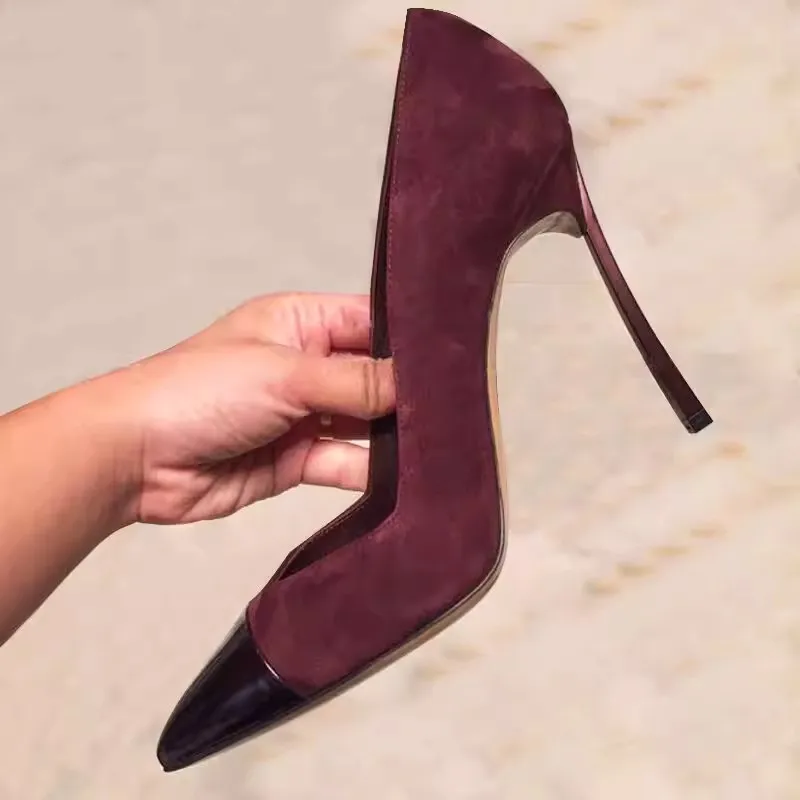 

Spring new pointed shallow Suede patent leather low-heeled shoes banquet dress large size small size high-heeled women's shoes