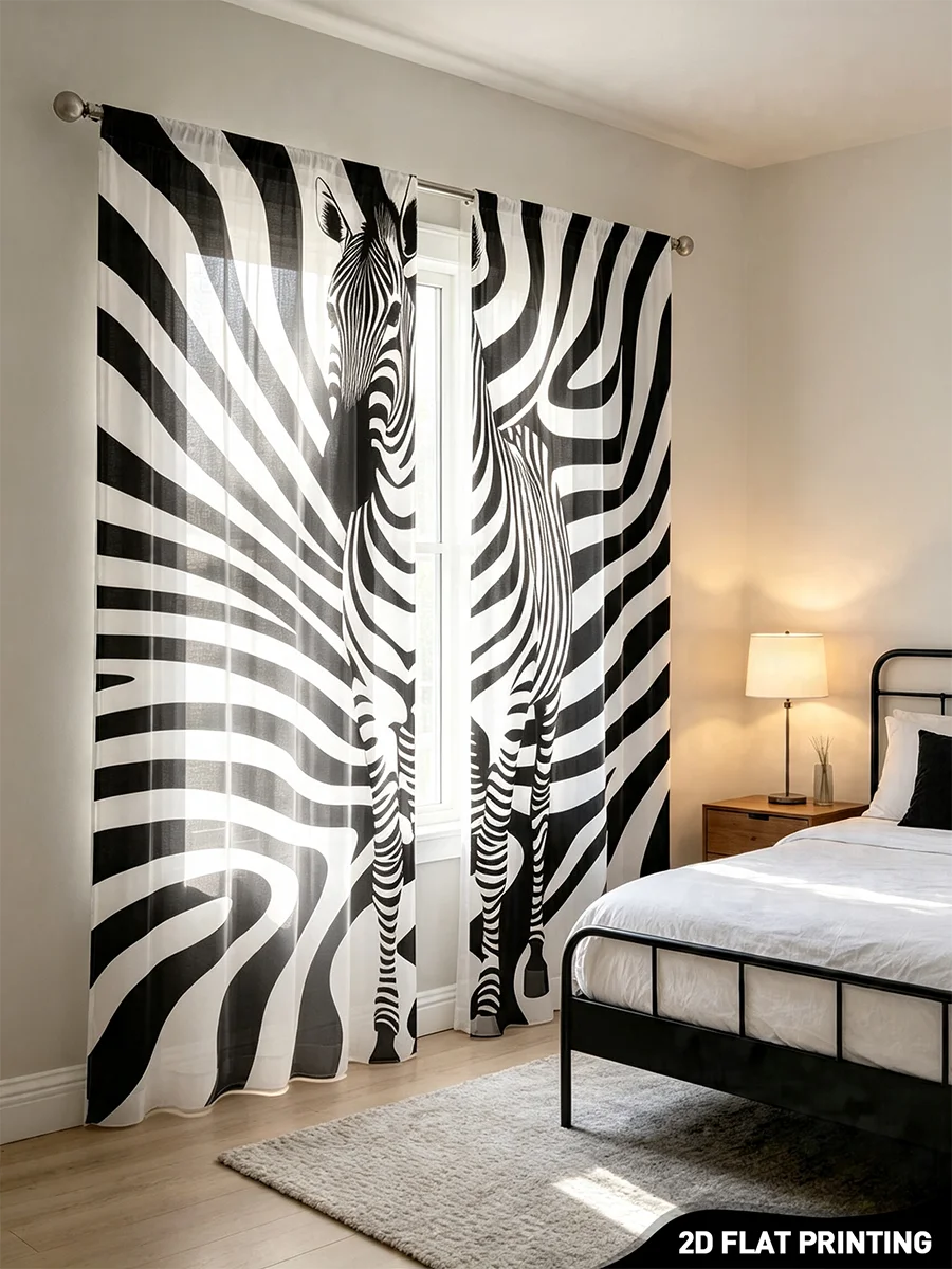 2PCS Digital Print Sheer Curtain, Fashion Zebra Print, Modern Animal Pattern - Voile Drapes for Bedroom Living Room Decor