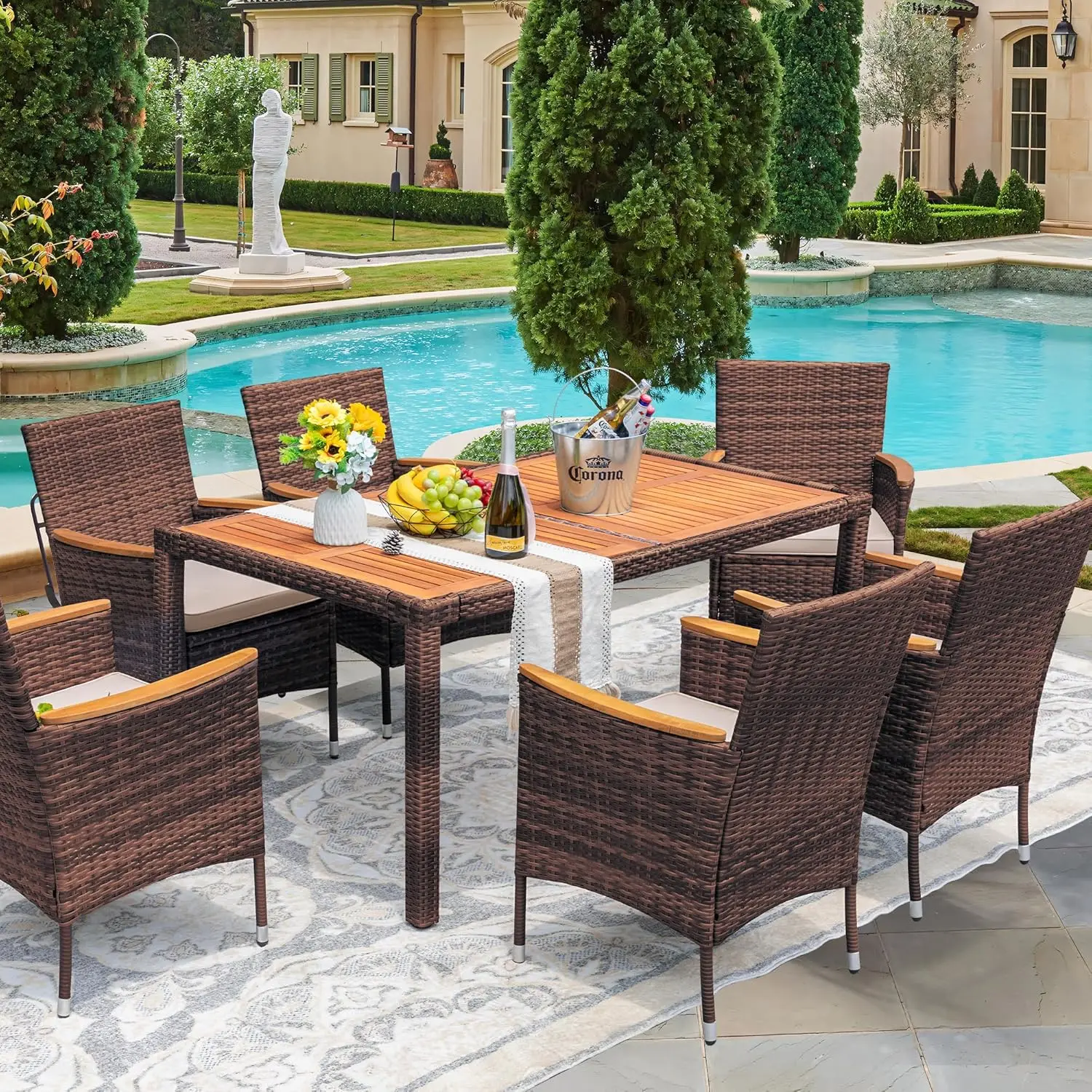 Dining 7 PCS Furniture, Patio Conversation Set with Acacia Wood Table Top