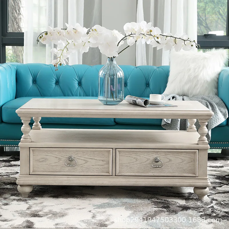 

Customized furniture American solid wood coffee table apartment type living room rectangular white old side table with
