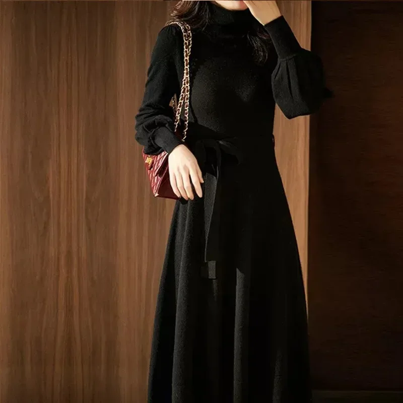 Korean Elegant Turtleneck Knitted Long Dress Lantern Sleeved Lace Up High Waist Straight Commuting Casual Winer Dresses Women