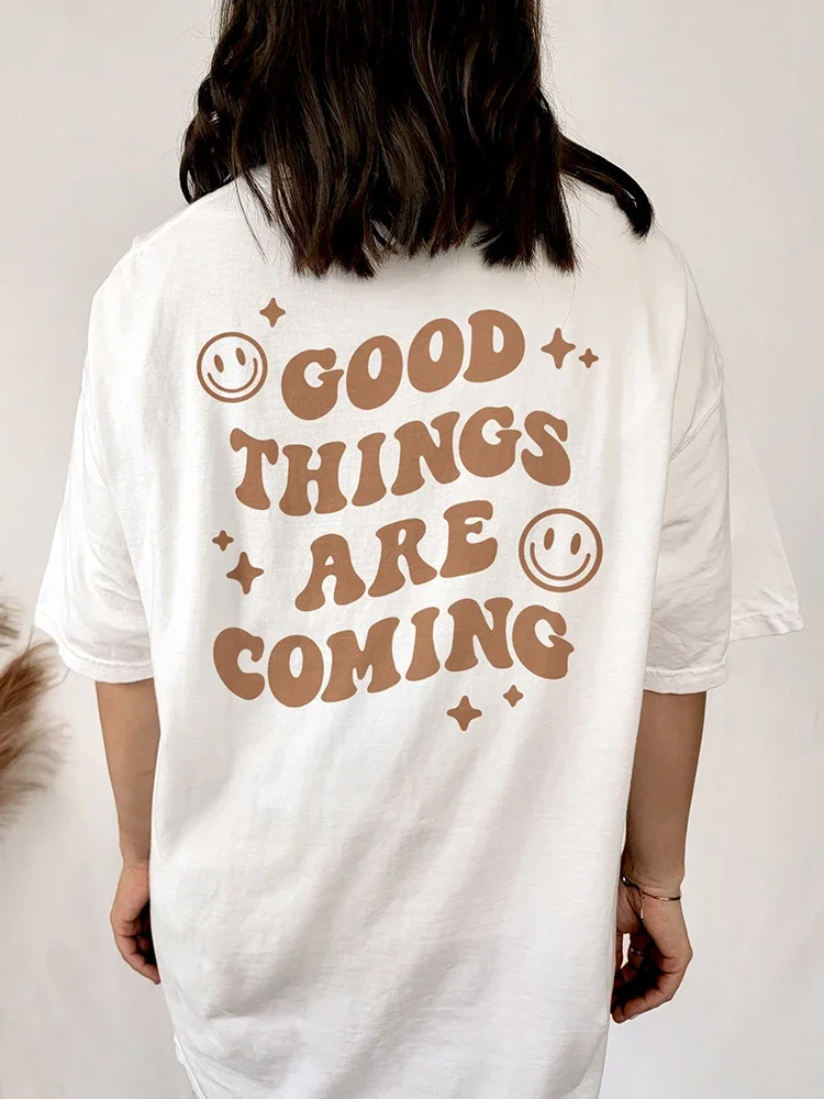 Good Things Are Coming Happy Face Womens Cotton T-Shirts All-math Creativity Short Sleeve Crewneck Casual Female Tee Clothing