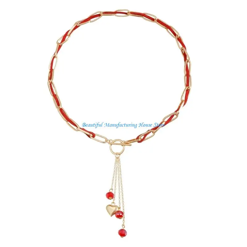 

E56A Elegant Heart Shaped Dangle Necklace Adjustable OT Clasp Layering Neck Chain Jewelry Gift For Her Birthday