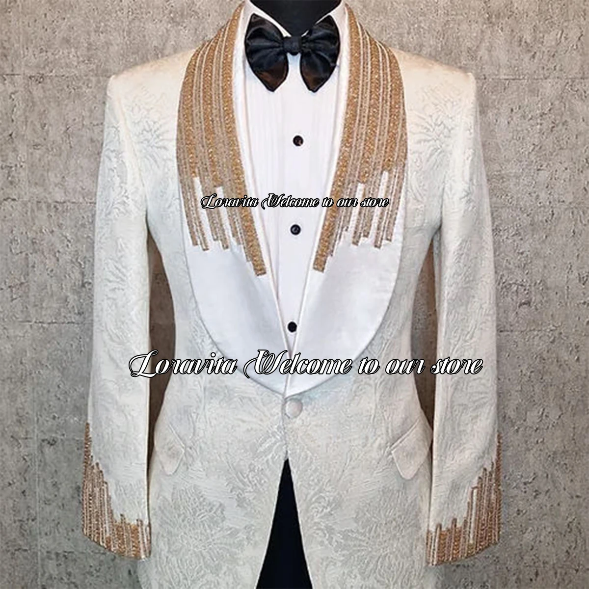 White Jacquard Groom Tuxedos Luxury Crystals Beaded Men Suit Slim Fit Male Wedding Party Blazer 2 Pieces Sets Costume Homme