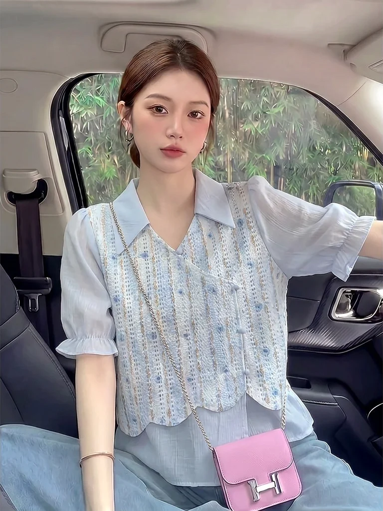 

Light Blue V-Neck Short Sleeve Shirt Women's plus Size Summer New Style Irregular Top Korean Style Commute Wind Loose Fit