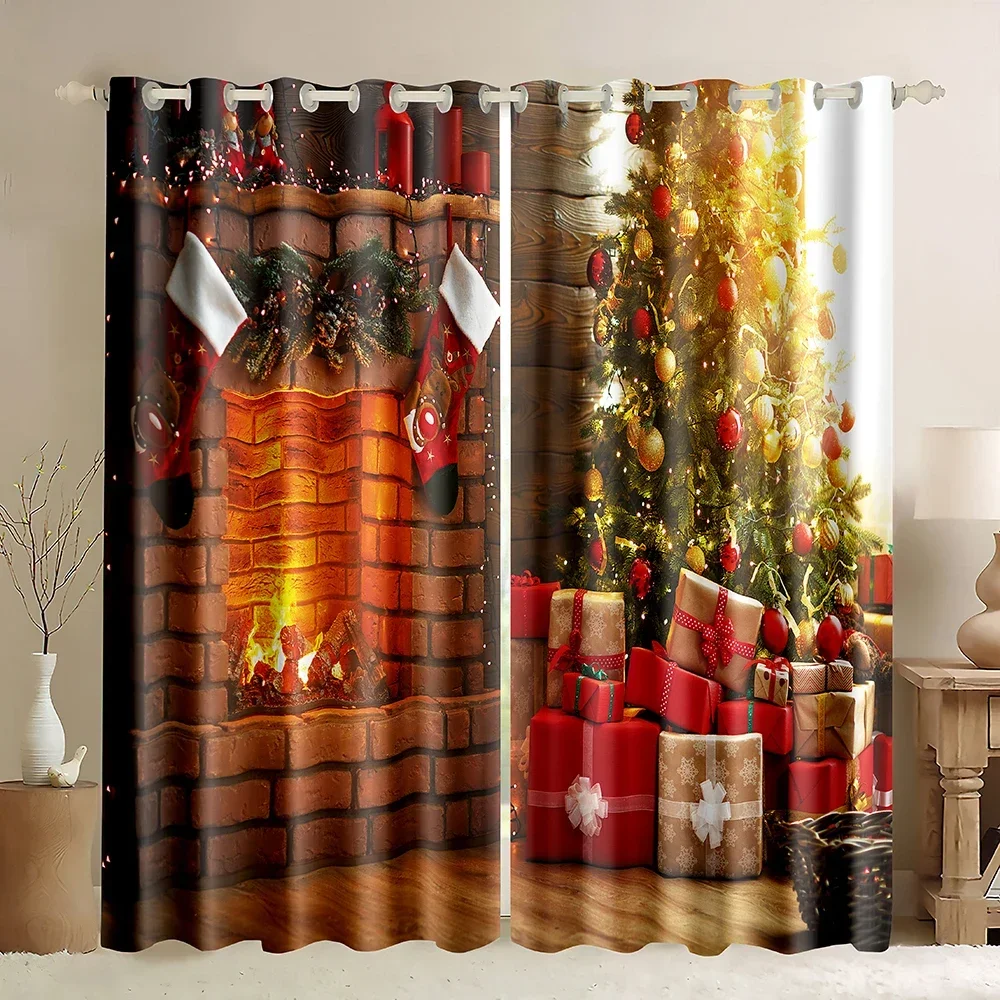 Christmas Window Curtain Xmas Tree Glitter Bokeh Print Curtains Home Decor Rod Pocket Blackout Curtains for Bedroom Living Room