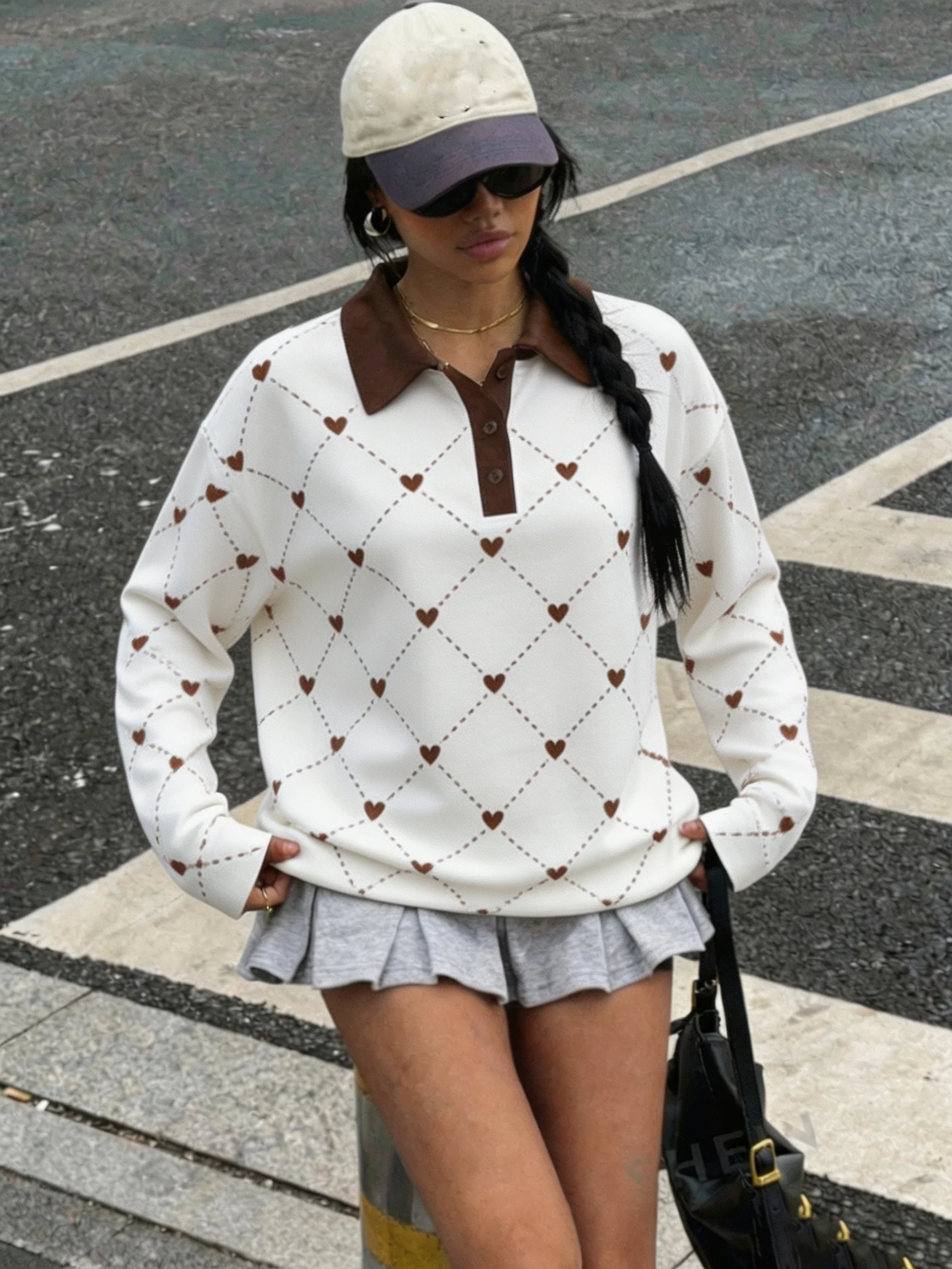 Women's Autumn Casual Lapel Button Color Block Geometric Pattern Long Sleeve Hoodie Top for Daily Travel
