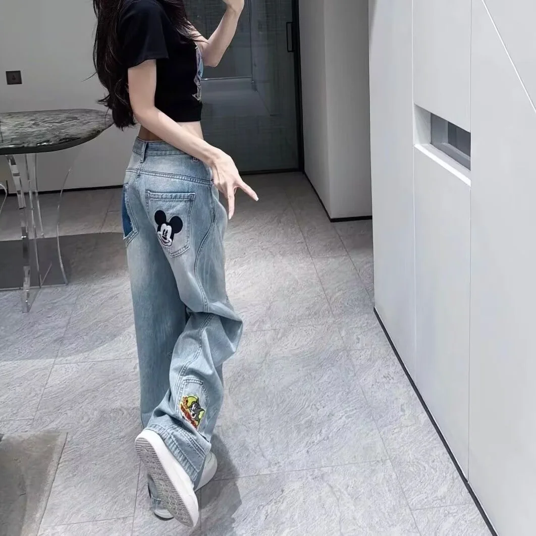 

pants Women's jeans Disney Autumn Women's Mickey Embroidery Wide Leg Jeans, American Vintage High Waist Slim Fit Straight Pants