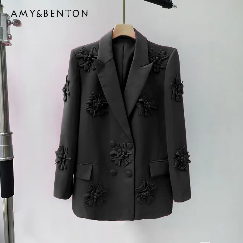 Frühling Herbst Neue High-end-Anzug Frauen Lange ärmeln Blazer Temperament Flare Hosen Blume Mode 2 Stück Sets frauen Outfits