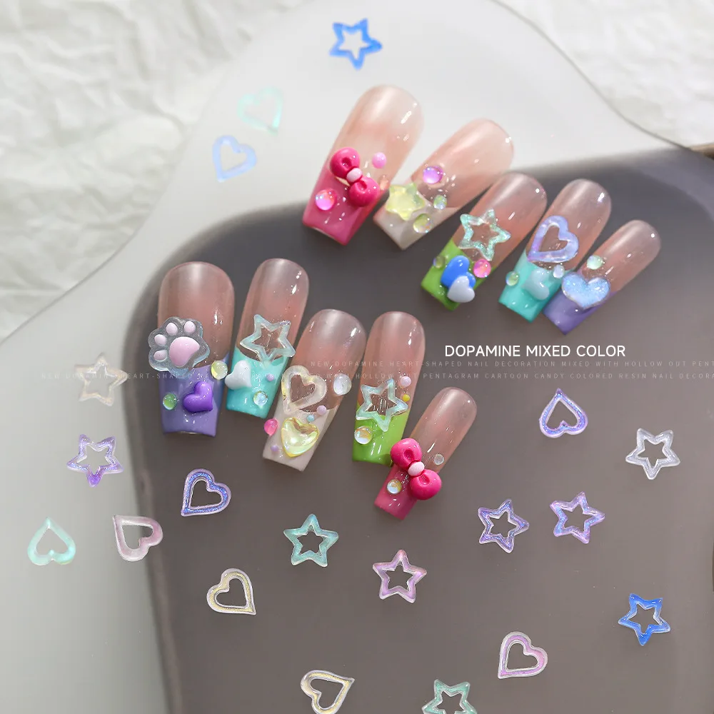 50pcs Kawaii Nail Charms Mix Transparent Resin Dopamine 3D Hollow Colored Star Heart Nail Art Accessories Nail Decoration Parts