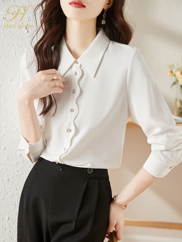 H Han Queen New Arrival Commuter Chic Shirt Womens Blouse Vintage Work Casual Tops Chiffon Blouse Elegant Loose Business Shirts
