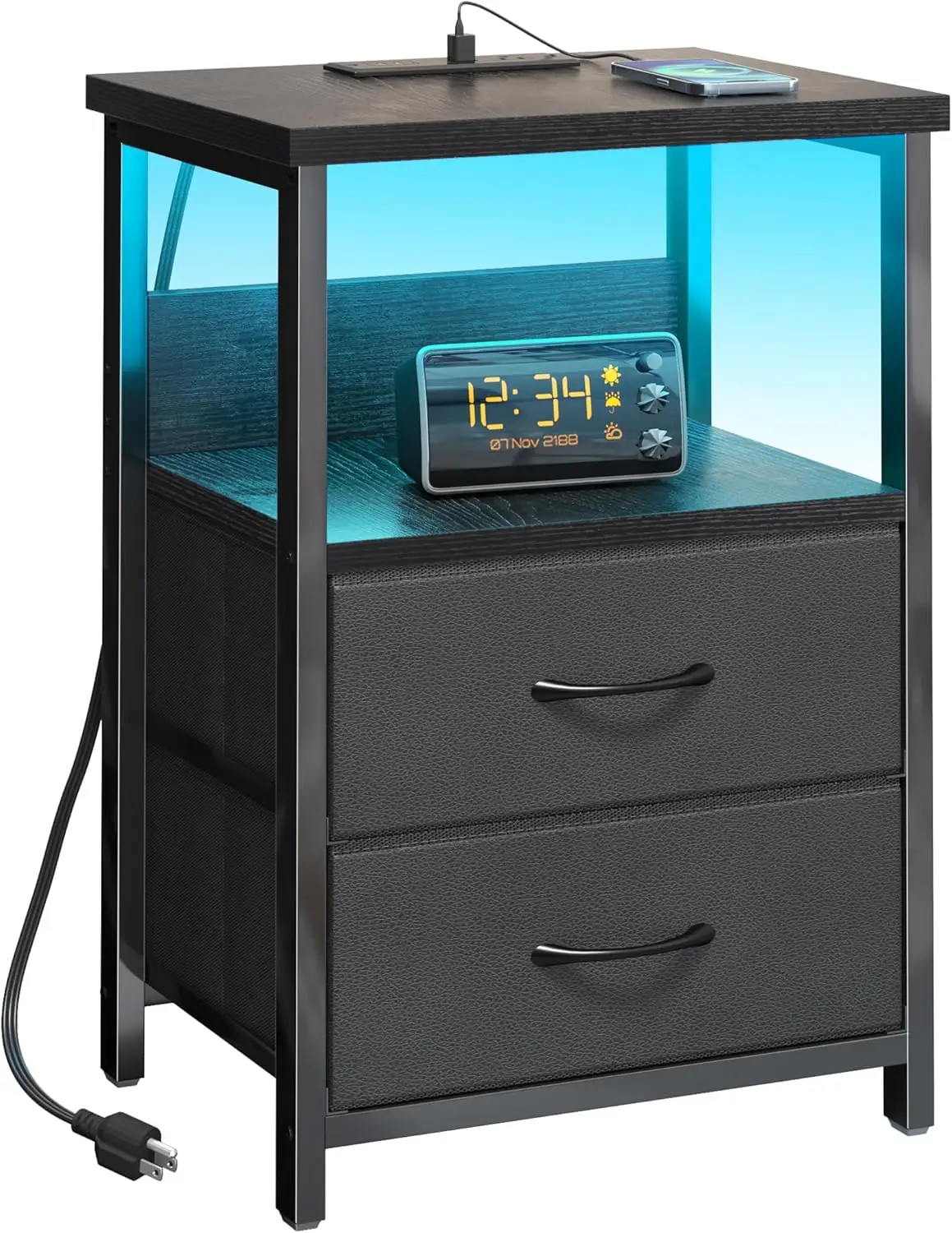 

Night Stand with Charging Station, LED Nightstand with U-S-B Ports and Outlets for Small SpacesModern Black