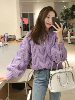 

Thiened Twisted Knit Sweater Women's Lazy Sle Spring Autumn New Korean Loose Lantern Sve High Collar Pullover Knittedwear