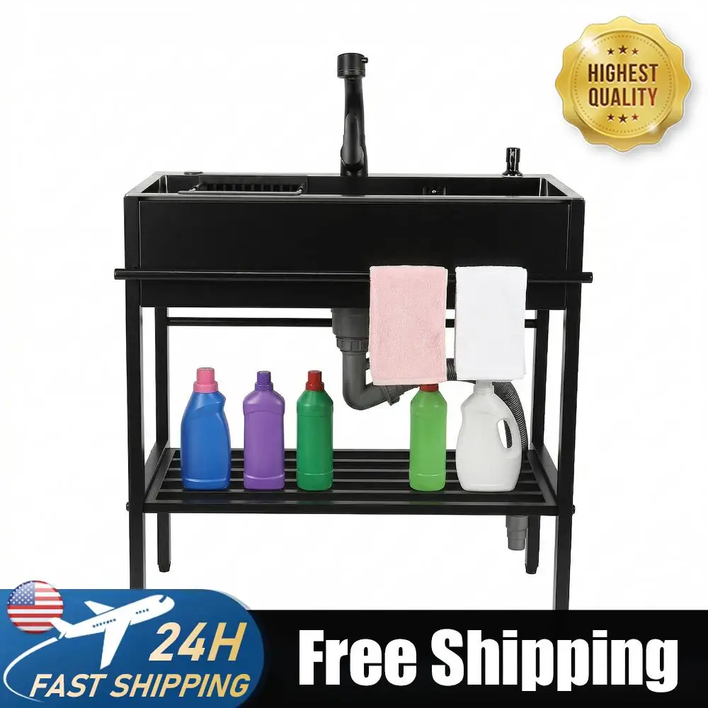 

Utility Sink with Cold & Hot Water Faucet Hoses and Drain Kit Single Bowl Kitchen Sink for Laundry Room Bathroom Farmhouse