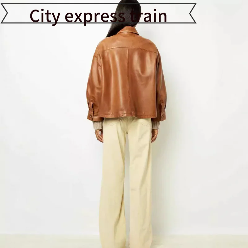 Jaqueta Feminina de Couro Marrom Elegante com Estampa Casual, Caimento Solto, Estilo Retrô, Manga Longa, Gola, para Cerimônias