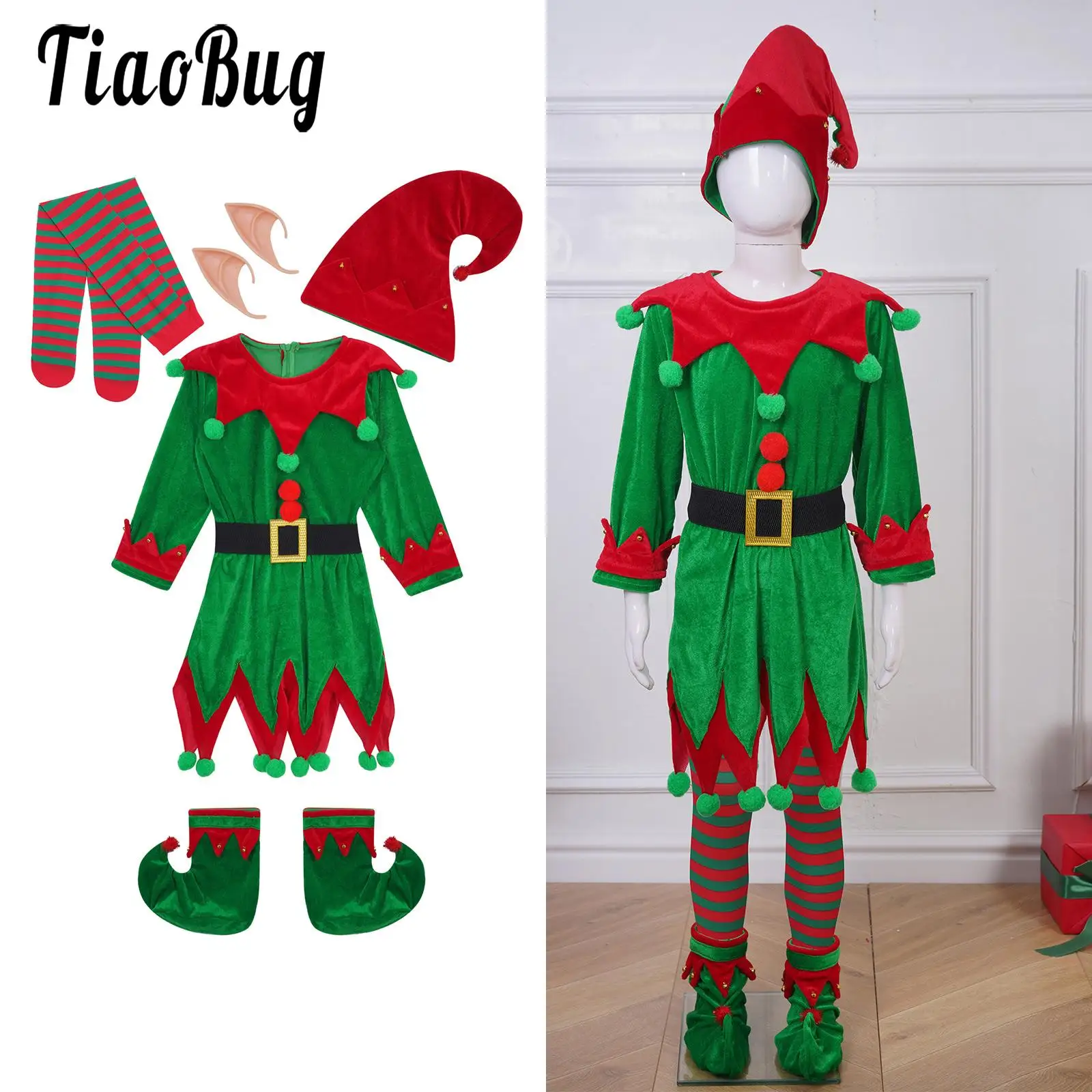 Christmas Elf Costume for Boys Girls Xmas New Party Fancy Dress Up Elf Ear Role Play Outfit Bells Pompoms Xmas Hat Dress Suit