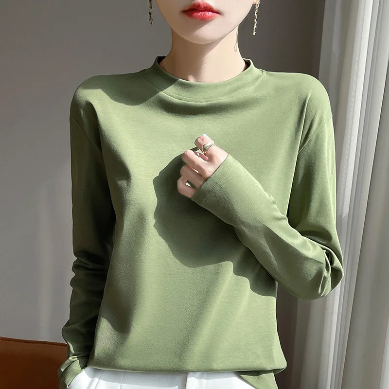 

Spring And Summer 100% Cotton Semi-High Collar Ladies' T-shirt With Long Sleeves And Mercerized Cotton Bottoming Coat