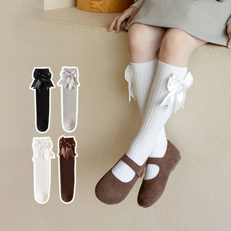 1 pairs Kids Calf Socks 33CM Large Bow Solid Color Anti-Pilling Cotton Spring Girls Socks Stretchy Non-Slip One Size