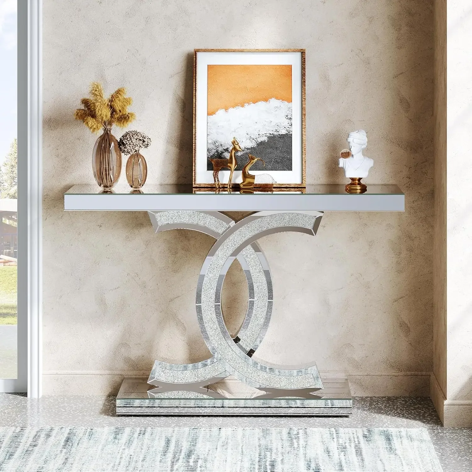 Mirrored Console Table, Modern Silver Entryway Table with Sparkling Crystal Inlays,  Mirror Finish for Entrance, Living Room