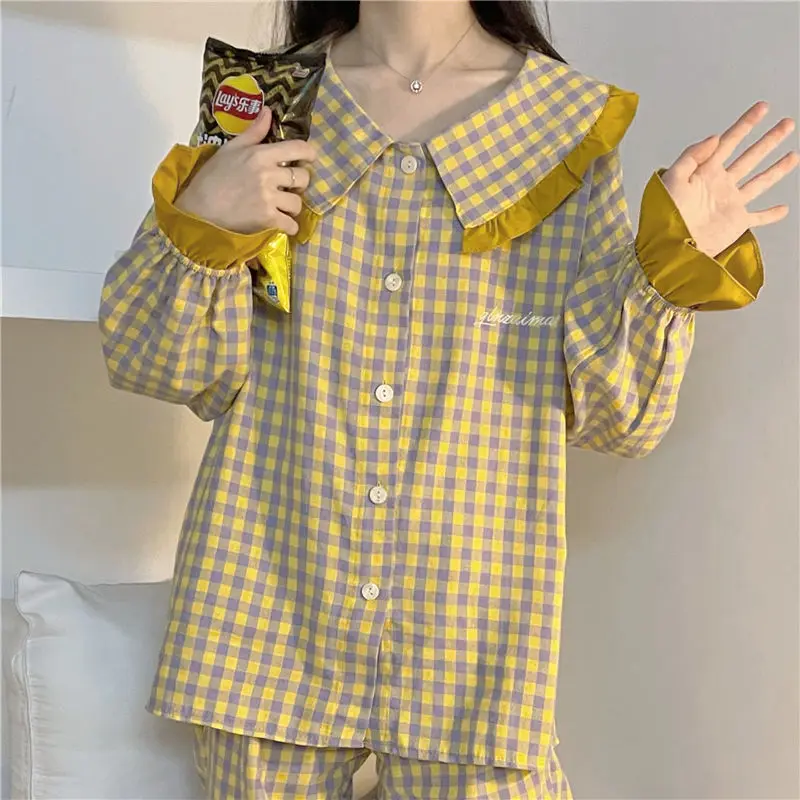 Sweet Long Sleeve Pajama Sets Women Loose Casual Stylish Chic Homewear Single Breasted Ins Popular Cute Princess Nightwear