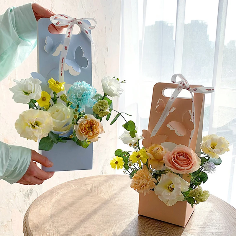 1Pc Rose Flower Tote Bag Portable Hand Flower Packaging Box Waterproof Transparent Flower Art Paper Box Florist Supplies Package