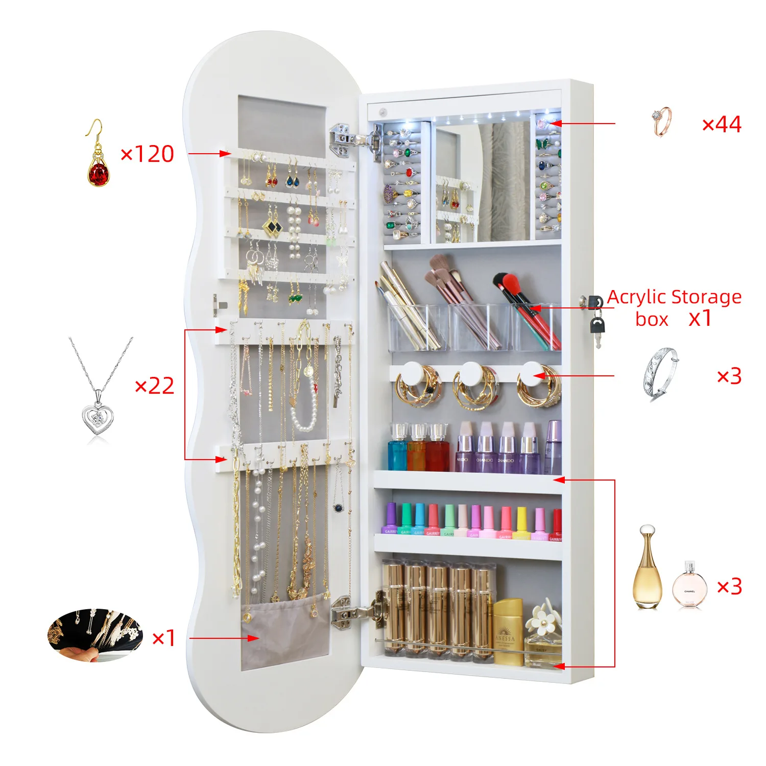 [One piece delivery] Full-body mirror cabinet floor-to-ceiling storage with lamp mirror floor-to-ceiling girls' bedroom