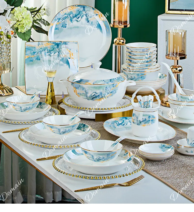 Bowl household new Jingdezhen light luxury bone china tableware set Dish set Household housewarming new home bowl