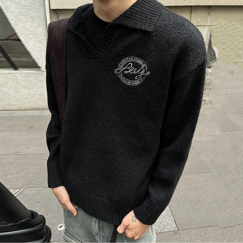 PFNW Vintage College Style Soft Loose Lapel Embroidered Sweater Men's Loose Casual Black Design Trend Kinttwear Top Male 12C2079