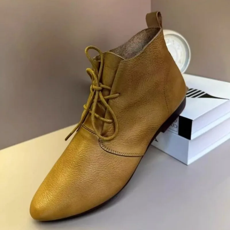 Brand Women Boots Lace-Up Ankle Boots Pointed Toe Leather Shoes Women British Style Vintage Boots 2024 Versatile Ladies Botas