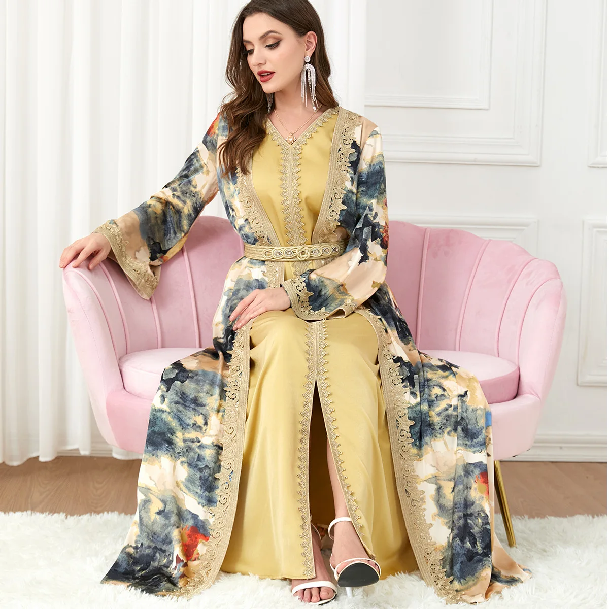 Autumn Muslim Women Long Sleeve V-neck Polyester Printing 2 Pieces Dress Coat Matching Sets Muslim Fashion Abaya Muslim Sets