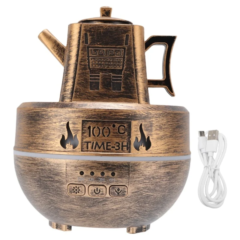 Antique Bronze Silver Teapot Oil Diffuser With Colorful Lights Aromatherapy Humidifier Home Decor Fragrance Maker