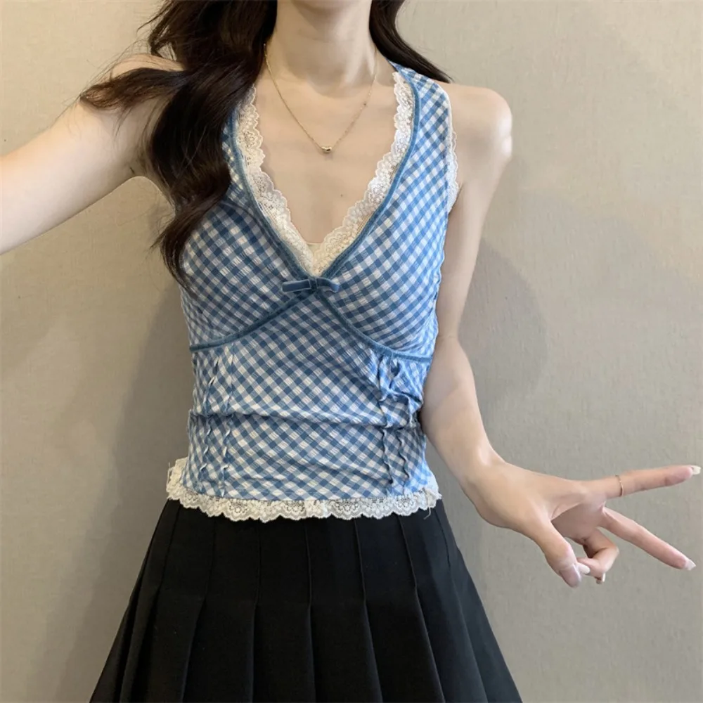 

Stripe Grid Bowknot Sleeveless Crop Top Detachable Bowknot V Neck Lace Vest Top Girl Korean Style Bottoming Shirt