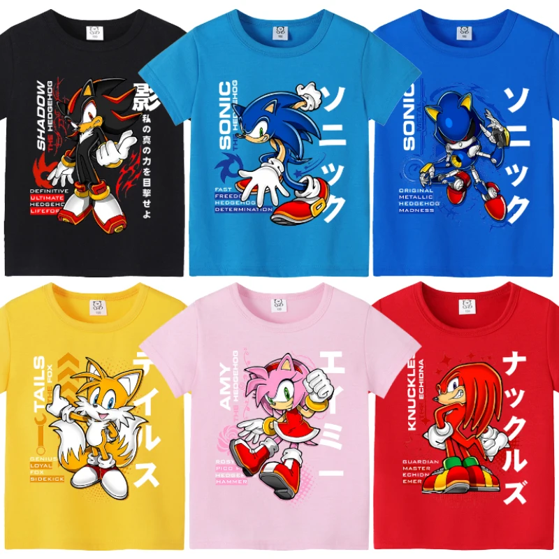 Sonics New T-shirt for Children Anime Round Collar Clothing Kids Anime Short Sleeve Cartoon Clothes Fashion Sunmer Tee Top Gift