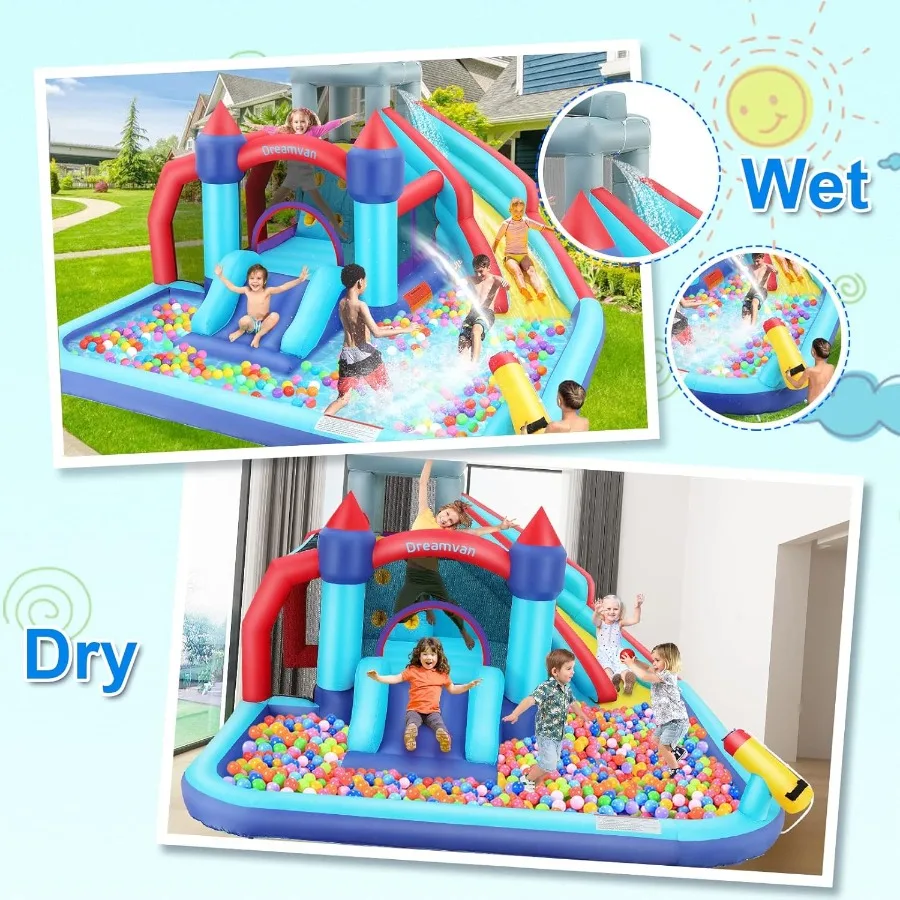 Aufblasbare Wasserrutsche, 10-in-1-Hüpfburg, Wasserpark mit 580 W Gebläse, Kletterwand, Spritzschutz, Pool, Kanone, Sprungbereich, Basketball, H