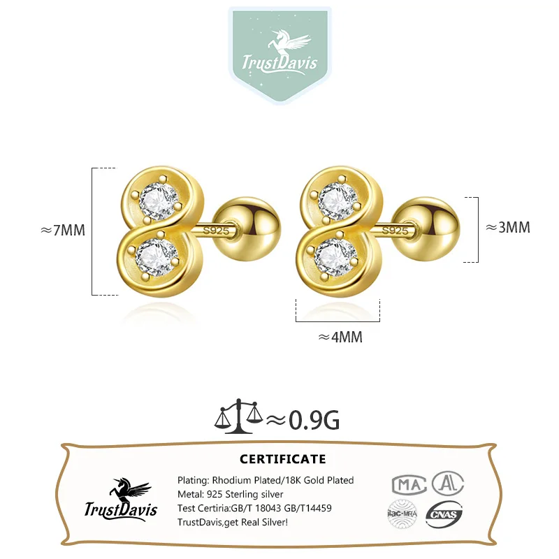 Trustdavis Real 925 Silver Fashion and Luxury Figure-eight Zircon Earrings for Women Daily Wear Jewelry Gift DS4113