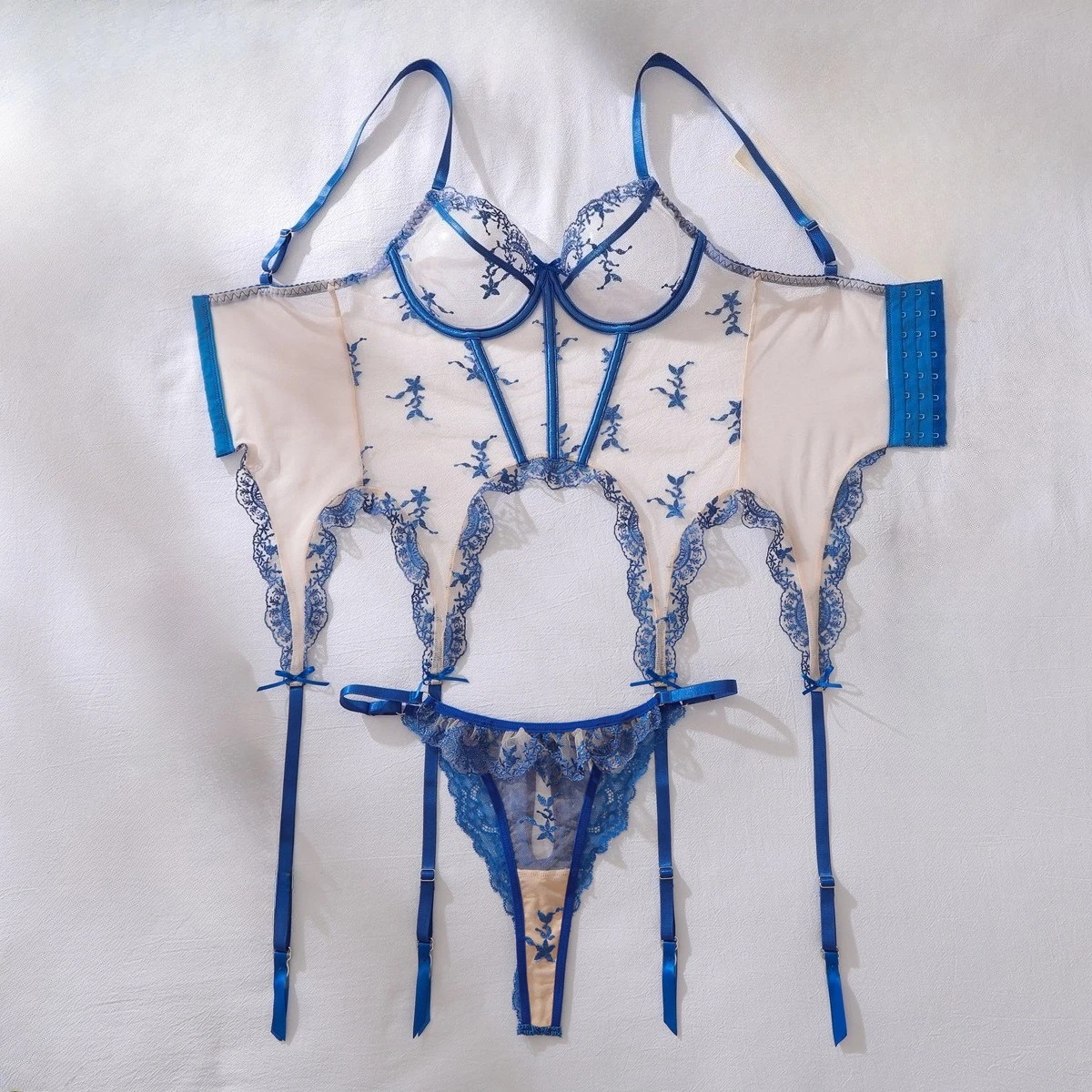 Fashion Bow Decor Blue Floral Embroidery Lingerie Set Women Sexy Slim Fit Split Underwear Female Thin See Through Bra Thong Suit