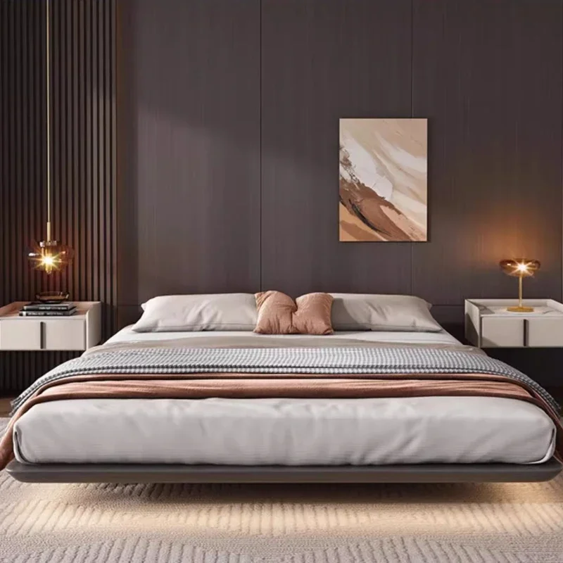 Modern Wooden Bed Storage Design Light Luxury Organizer Confortable Bed Minimalist Floating Fashionable Muebles Home Furniture