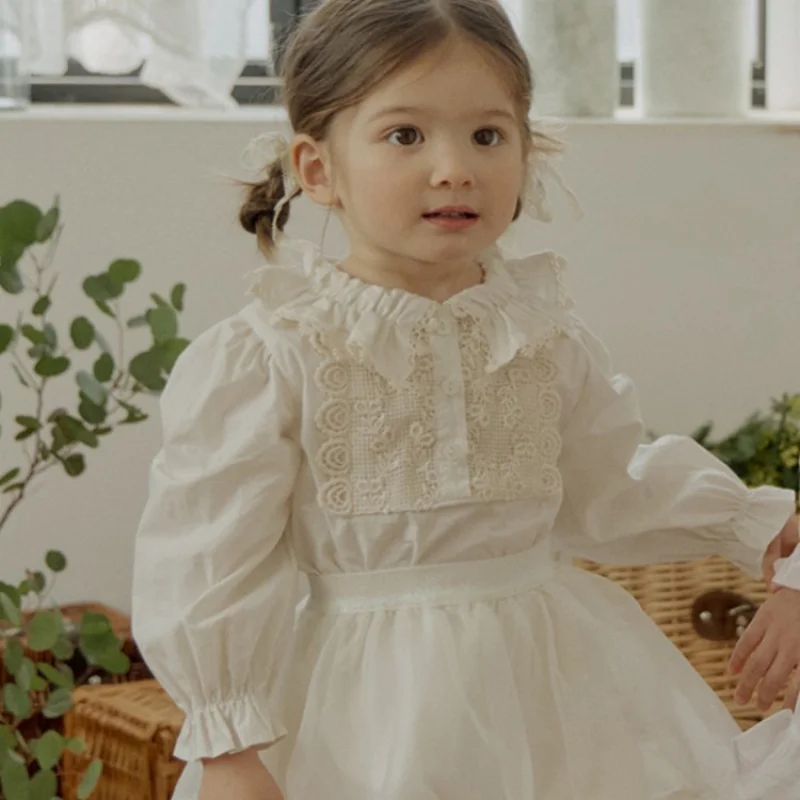 2025Autumn Strawberry Shan Korean Girl Children's Elegant Cotton Ruffled Collar Lace Shirt In Stock