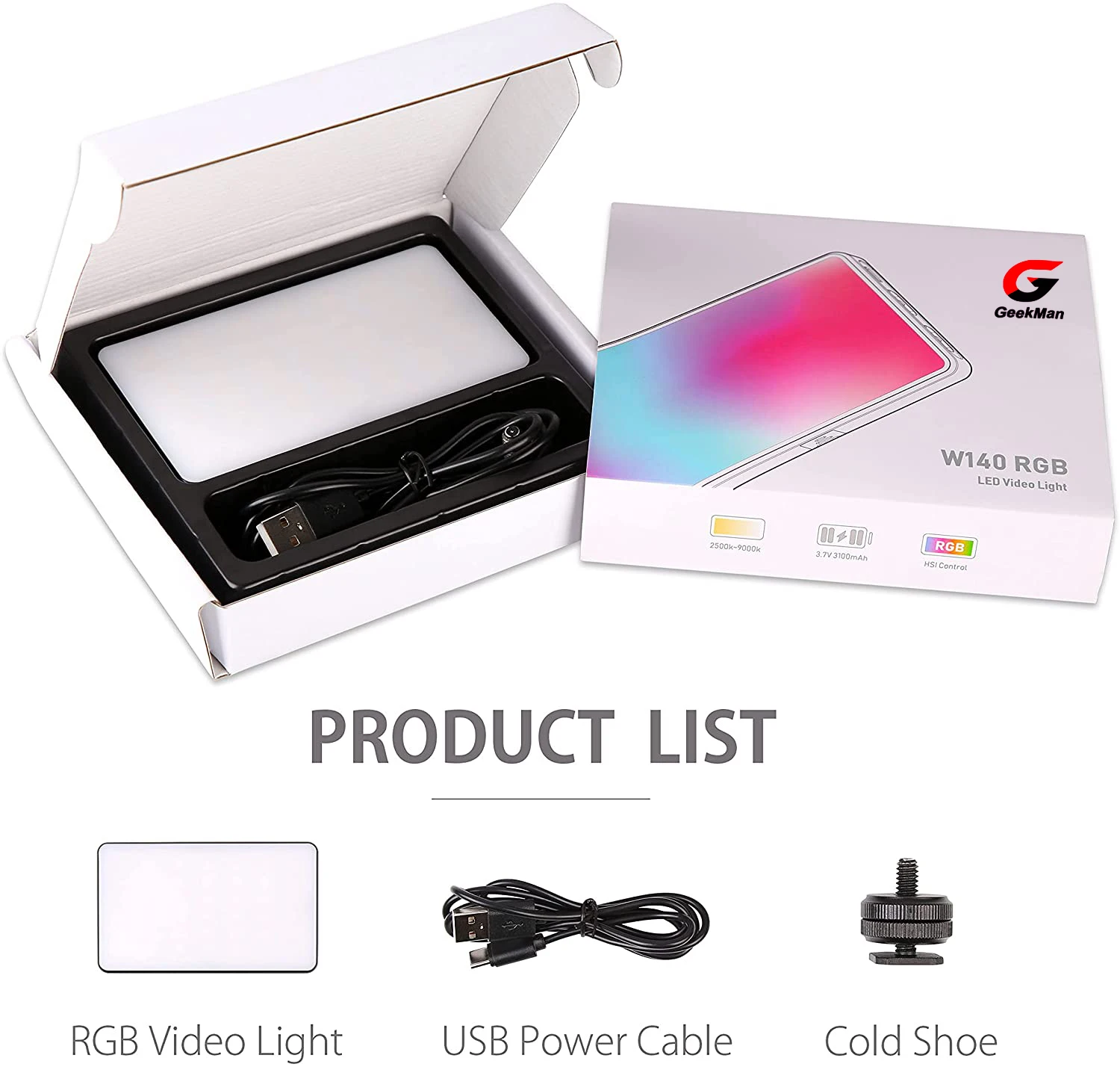 Geekman W140 LED RGB Video Light 0-360° Full Color 2500 to 9000K8W 3100mAh Photography Camera Light Dimmable Pocket Panel Light